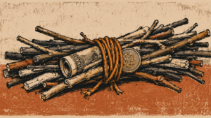 Illustration of sticks bound with rope, with a banknote and coin tucked in — More Than Money