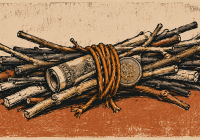 Illustration of sticks bound with rope, with a banknote and coin tucked in — More Than Money